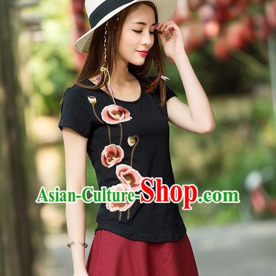 Traditional Ancient Chinese National Costume, Elegant Hanfu T-Shirt, China Tang Suit Black Embroidered Blouse Cheongsam Upper Outer Garment Shirt Clothing for Women