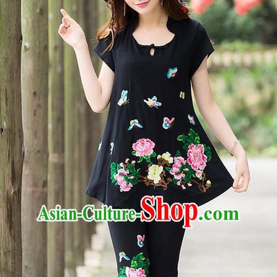 Traditional Ancient Chinese National Costume, Elegant Hanfu Embroidered T-Shirt and Pants, China Tang Suit Embroidered Butterfly Black Blouse Cheongsam Upper Outer Garment Clothing for Women