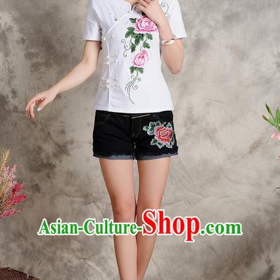 Traditional Ancient Chinese National Costume, Elegant Hanfu Plated Buttons T-Shirt, China Tang Suit Embroidered Peony White Blouse Cheongsam Upper Outer Garment Clothing for Women