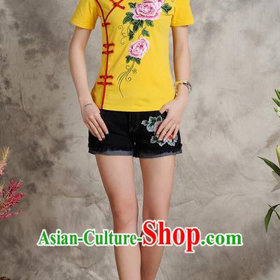 Traditional Ancient Chinese National Costume, Elegant Hanfu Plated Buttons T-Shirt, China Tang Suit Embroidered Peony Yellow Blouse Cheongsam Upper Outer Garment Shirts Clothing for Women