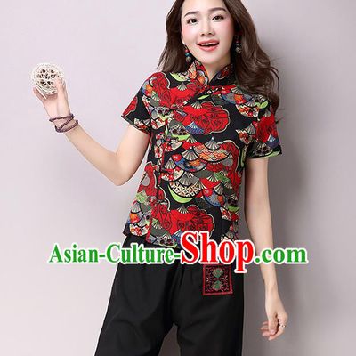 Traditional Ancient Chinese National Costume, Elegant Hanfu Plated Buttons Short Sleeve Shirt, China Tang Suit Embroidered Blue Blouse Cheongsam Upper Outer Garment Shirts Clothing for Women