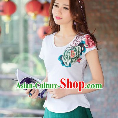 Traditional Ancient Chinese National Costume, Elegant Hanfu Round Collar T-Shirt, China Tang Suit Embroidered Peony White Blouse Cheongsam Upper Outer Garment Shirts Clothing for Women