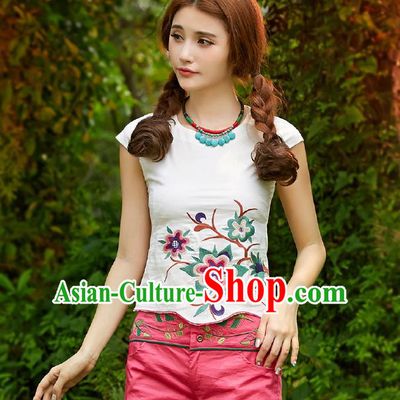 Traditional Ancient Chinese National Costume, Elegant Hanfu Short Sleeve T-Shirt, China Tang Suit Embroidered White Blouse Cheongsam Upper Outer Garment Shirts Clothing for Women
