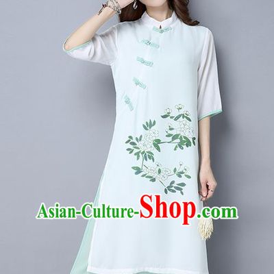 Traditional Ancient Chinese National Costume, Elegant Hanfu Hand Printing Stand Collar Dress, China Tang Suit Cheongsam Upper Outer Garment White Blue Elegant Dress Clothing for Women