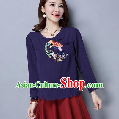 Traditional Ancient Chinese National Costume, Elegant Hanfu Plated Buttons Shirt, China Tang Suit Embroidered Flowers Navy Blouse Cheongsam Upper Outer Garment Shirts Clothing for Women