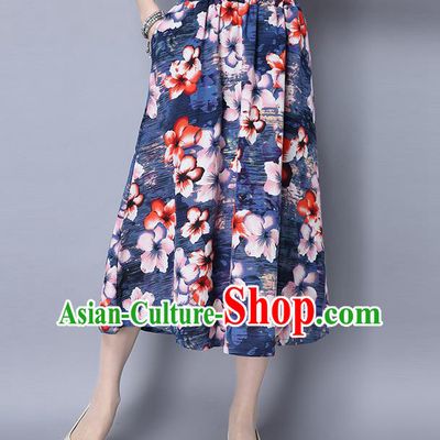 Traditional Ancient Chinese National Pleated Skirt Costume, Elegant Hanfu Printing Big Swing Long Dress, China Tang Suit Cotton Navy Bust Skirt for Women