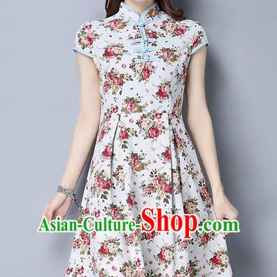 Traditional Ancient Chinese National Costume, Elegant Hanfu White Floral Dress, China National Minority Tang Suit Cheongsam Upper Outer Garment Qipao Dress Clothing for Women