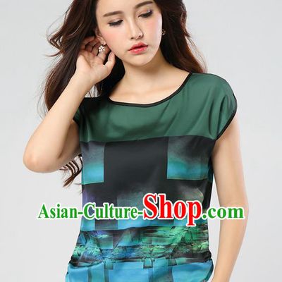 Traditional Ancient Chinese National Costume, Elegant Hanfu Mulberry Silk Shirt, China Tang Suit Silk Printing Atrovirens Blouse Cheongsam Upper Outer Garment Qipao Shirt Clothing for Women