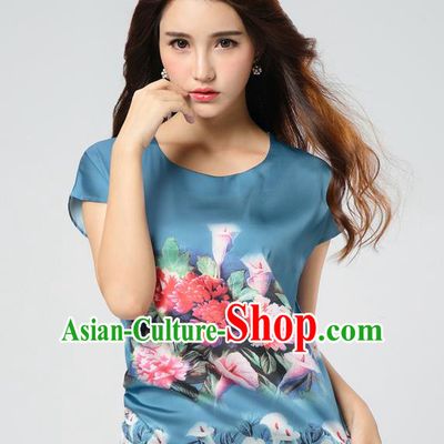 Traditional Ancient Chinese National Costume, Elegant Hanfu Mulberry Silk Shirt, China Tang Suit Silk Printing Flowers Dark Blue Blouse Cheongsam Upper Outer Garment Qipao Shirt Clothing for Women