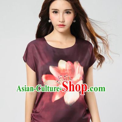 Traditional Ancient Chinese National Costume, Elegant Hanfu Mulberry Silk Shirt, China Tang Suit Silk Printing Flowers Dark Red Blouse Cheongsam Upper Outer Garment Qipao Shirt Clothing for Women