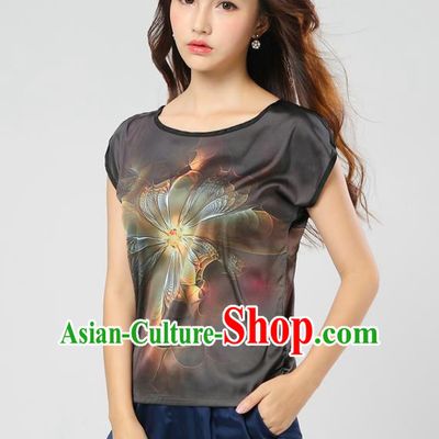 Traditional Ancient Chinese National Costume, Elegant Hanfu Mulberry Silk Shirt, China Tang Suit Silk Printing Flowers Black Blouse Cheongsam Upper Outer Garment Qipao Shirt Clothing for Women