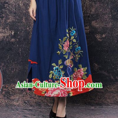 Traditional Ancient Chinese National Pleated Skirt Costume, Elegant Hanfu Embroidered Peony Big Swing Long Dress, China Tang Suit Cotton Navy Bust Skirt for Women