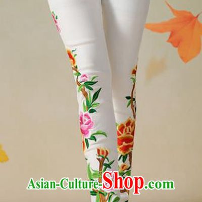 Traditional Ancient Chinese National Costume Casual Pants, Elegant Hanfu Embroidered Pants, China Tang Suit White Leisure Trousers for Women