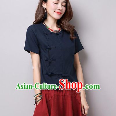 Traditional Ancient Chinese National Costume, Elegant Hanfu Plated Buttons T-Shirt, China Tang Suit Navy Blouse Cheongsam Upper Outer Garment Shirts Clothing for Women