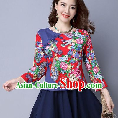 Traditional Ancient Chinese National Costume, Elegant Hanfu Plated Buttons Printing Shirt, China Tang Suit Printing Peony Red Blouse Cheongsam Upper Outer Garment Shirts Clothing for Women