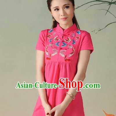Traditional Ancient Chinese National Costume, Elegant Hanfu Embroidered Butterfly Stand Collar T-Shirt, China Tang Suit Pink Blouse Cheongsam Upper Outer Garment Qipao Shirts Clothing for Women