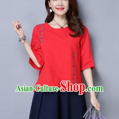 Traditional Ancient Chinese National Costume, Elegant Hanfu Embroidered T-Shirt, China Tang Suit Embroidered Red Blouse Cheongsam Upper Outer Garment Qipao Shirts Clothing for Women