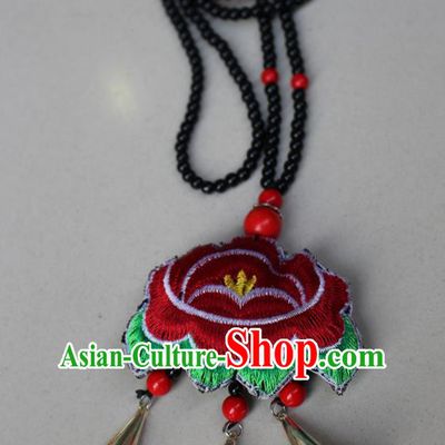 Traditional Chinese Miao Nationality Crafts Jewelry Accessory, Hmong Handmade Miao Silver Bells Tassel Double Side Embroidery Pendant, Miao Ethnic Minority Bells Necklace Accessories Sweater Chain Pendant for Women
