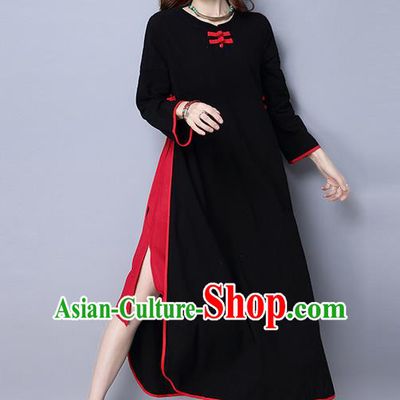 Traditional Ancient Chinese National Costume, Elegant Hanfu Linen Black Plated Buttons Dress, China Tang Suit Cheongsam Upper Outer Garment Elegant Dress Clothing for Women