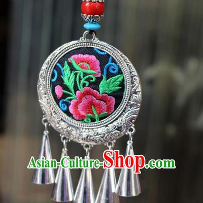 Traditional Chinese Miao Nationality Crafts Jewelry Accessory, Hmong Handmade Miao Silver Tassel Double Side Embroidery Flowers Pendant, Miao Ethnic Minority Bells Black Rope Necklace Accessories Sweater Chain Pendant for Women