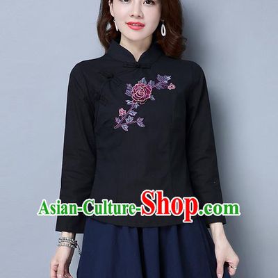 Traditional Ancient Chinese National Costume, Elegant Hanfu Embroidered Plated Buttons Shirt, China Tang Suit Embroidered Peony Black Blouse Cheongsam Upper Outer Garment Qipao Shirts Clothing for Women