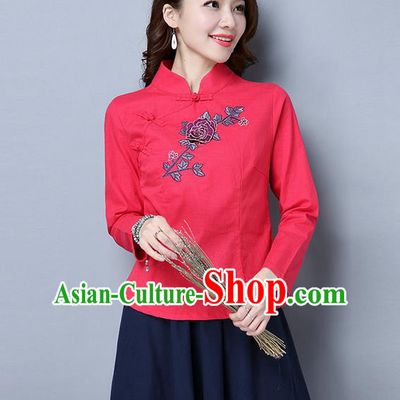 Traditional Ancient Chinese National Costume, Elegant Hanfu Embroidered Plated Buttons Shirt, China Tang Suit Embroidered Peony Red Blouse Cheongsam Upper Outer Garment Qipao Shirts Clothing for Women