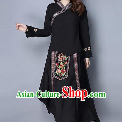 Traditional Ancient Chinese Ancient Costume, Elegant Hanfu Clothing Black Embroidered Blouse and Skirt, China Tang Dynasty Folk Dance Blouse and Skirt Complete Set for Women