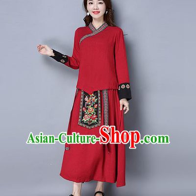 Traditional Ancient Chinese Ancient Costume, Elegant Hanfu Clothing Red Embroidered Blouse and Skirt, China Tang Dynasty Folk Dance Blouse and Skirt Complete Set for Women