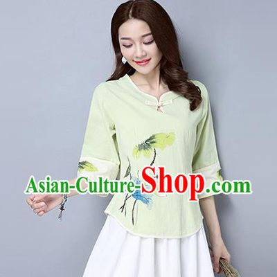 Traditional Ancient Chinese National Costume, Elegant Hanfu Painting Lotus T-Shirt, China Tang Suit Green Blouse Cheongsam Upper Outer Garment Qipao Shirts Clothing for Women