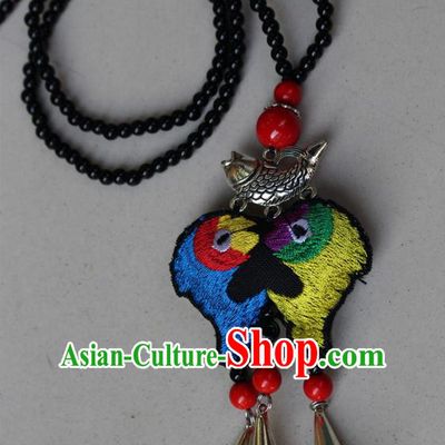 Traditional Chinese Miao Nationality Crafts Jewelry Accessory, Hmong Handmade Bells Tassel Double Side Embroidery Kiss Fish Pendant, Miao Ethnic Minority Bells Necklace Accessories Sweater Chain Pendant for Women