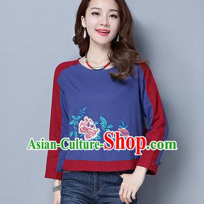 Traditional Ancient Chinese National Costume, Elegant Hanfu Embroidered Peony T-Shirt, China Tang Suit Embroidered Navy Blouse Cheongsam Upper Outer Garment Qipao Shirts Clothing for Women