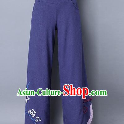 Traditional Ancient Chinese National Costume Loose Pants, Elegant Hanfu Painting Pants, China Tang Suit Navy Wide Leg Pants for Women