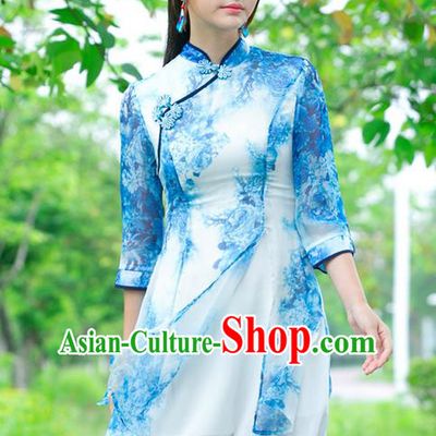 Traditional Ancient Chinese National Costume, Elegant Hanfu Plated Buttons Chiffon Printing Dress, China Tang Suit Cheongsam Upper Outer Garment Blue Dress Clothing for Women