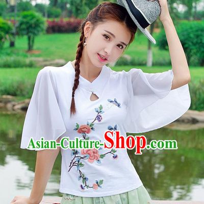 Traditional Ancient Chinese National Costume, Elegant Hanfu Embroidered Butterfly Flowers White T-Shirt, China Tang Suit Embroidered Chiffon Blouse Cheongsam Upper Outer Garment Qipao Shirts Clothing for Women