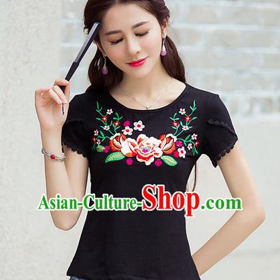 Traditional Ancient Chinese National Costume, Elegant Hanfu Short Sleeve T-Shirt, China Tang Suit Embroidered Peony Black Blouse Cheongsam Upper Outer Garment Shirts Clothing for Women