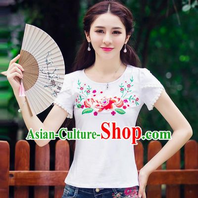 Traditional Ancient Chinese National Costume, Elegant Hanfu Short Sleeve T-Shirt, China Tang Suit Embroidered Peony White Blouse Cheongsam Upper Outer Garment Shirts Clothing for Women