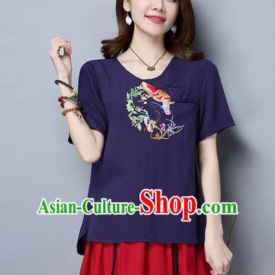 Traditional Ancient Chinese National Costume, Elegant Hanfu Short Sleeve Plated Buttons T-Shirt, China Tang Suit Embroidered Navy Blouse Cheongsam Upper Outer Garment Shirts Clothing for Women