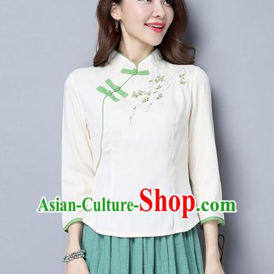 Traditional Ancient Chinese National Costume, Elegant Hanfu Stand Collar Plated Buttons Qipao T-Shirt, China Tang Suit Embroidered White Blouse Cheongsam Upper Outer Garment Shirts Clothing for Women