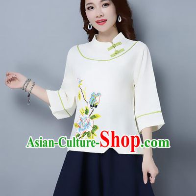 Traditional Ancient Chinese National Costume, Elegant Hanfu Stand Collar Plated Buttons Qipao T-Shirt, China Tang Suit Embroidered Beige Blouse Cheongsam Upper Outer Garment Shirts Clothing for Women