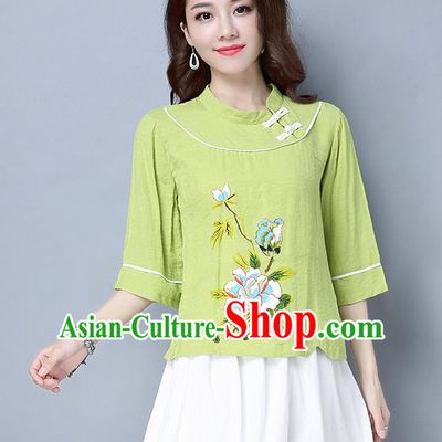 Traditional Ancient Chinese National Costume, Elegant Hanfu Stand Collar Plated Buttons Qipao T-Shirt, China Tang Suit Embroidered Green Blouse Cheongsam Upper Outer Garment Shirts Clothing for Women