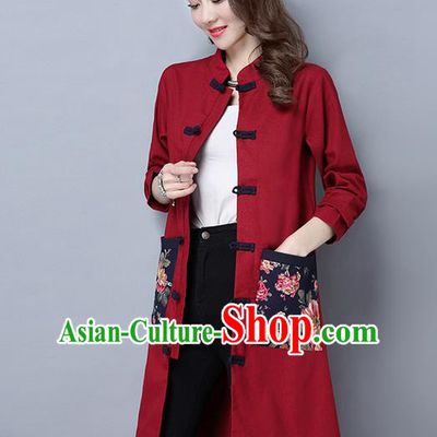 Traditional Ancient Chinese National Costume, Elegant Hanfu Long Coat, China Tang Suit Plated Buttons Coats, Upper Outer Garment Red Dust Coat Clothing for Women