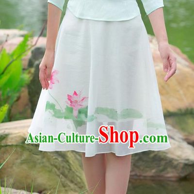 Traditional Ancient Chinese National Costume Pleated Skirt, Elegant Hanfu Printing Lotus Big Swing Short Dress, China Tang Suit Chiffon Bust Skirt for Women