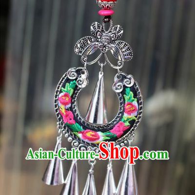 Traditional Chinese Miao Nationality Crafts Jewelry Accessory, Hmong Handmade Miao Silver Bells Tassel Double Side Embroidery Flowers Pendant, Miao Ethnic Minority Bells Black Rope Necklace Accessories Sweater Chain Pendant for Women