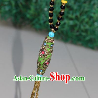 Traditional Chinese Miao Nationality Crafts Jewelry Accessory, Hmong Handmade Black Beads Tassel Green Pendant, Miao Ethnic Minority Necklace Accessories Sweater Chain Pendant for Women