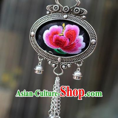 Traditional Chinese Miao Nationality Crafts Jewelry Accessory, Hmong Handmade Miao Silver Bells Tassel Double Side Embroidery Flowers Pendant, Miao Ethnic Minority Bells Necklace Accessories Sweater Chain Pendant for Women