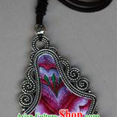 Traditional Chinese Miao Nationality Crafts Jewelry Accessory, Hmong Handmade Miao Silver Embroidery Bells Tassel Pendant, Miao Ethnic Minority Necklace Accessories Sweater Chain Pendant for Women