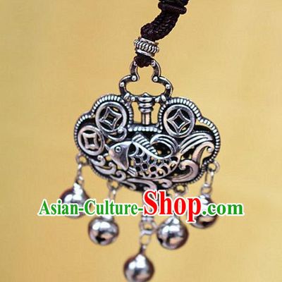 Traditional Chinese Miao Nationality Crafts Jewelry Accessory, Hmong Handmade Miao Silver Bells Tassel Longevity Lock Fish Pendant, Miao Ethnic Minority Necklace Accessories Sweater Chain Pendant for Women