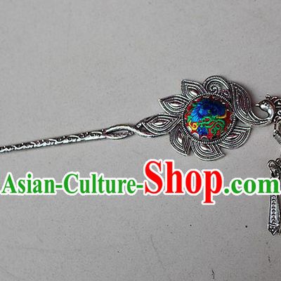 Traditional Chinese Miao Nationality Crafts Jewelry Accessory Classical Hair Accessories, Hmong Handmade Miao Silver Phoenix Palace Lady Tassel Embroidery Hair Sticks Hair Claw, Miao Ethnic Minority Hair Fascinators Hairpins for Women