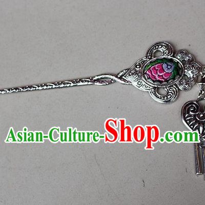 Traditional Chinese Miao Nationality Crafts Jewelry Accessory Classical Hair Accessories, Hmong Handmade Miao Silver Phoenix Palace Lady Tassel Embroidery Hair Sticks Hair Claw, Miao Ethnic Minority Hair Fascinators Hairpins for Women