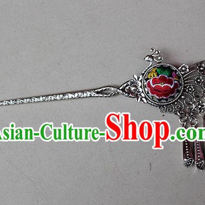 Traditional Chinese Miao Nationality Crafts Jewelry Accessory Classical Hair Accessories, Hmong Handmade Miao Silver Phoenix Palace Lady Tassel Embroidery Hair Sticks Hair Claw, Miao Ethnic Minority Hair Fascinators Hairpins for Women